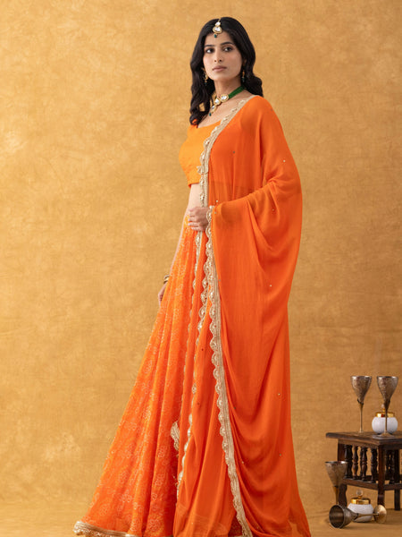 Orange Bandhani Lehenga Set with Dupatta | Kids Festive Wear