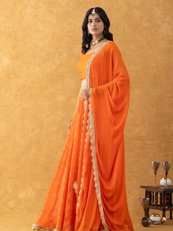Orange Bandhani Lehenga Set with Dupatta | Kids Festive Wear
