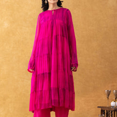 Magenta Tie-Dye Chiffon Tiered Kurta Pant Set