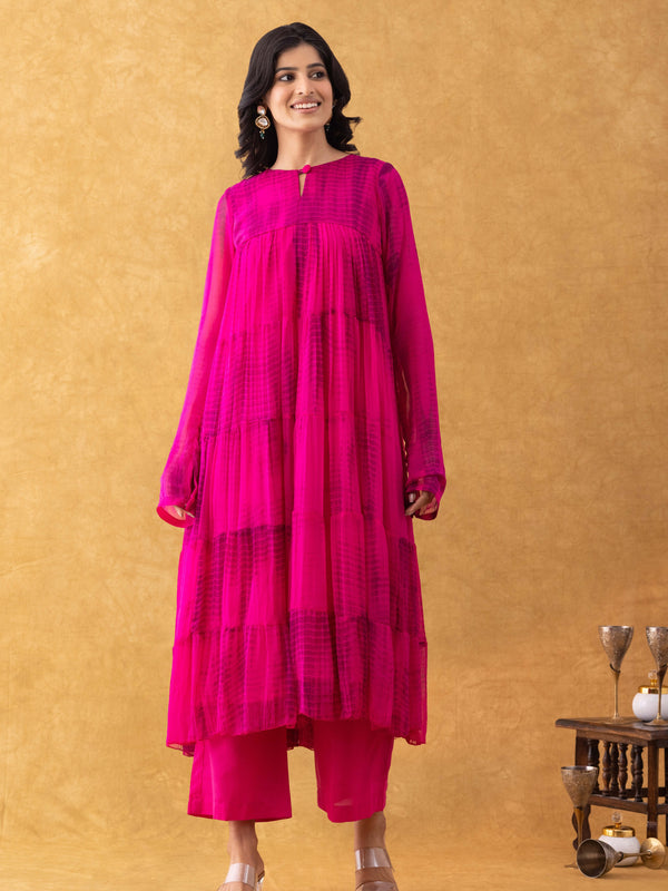 Magenta Tie-Dye Chiffon Tiered Kurta Pant Set