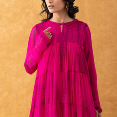 Magenta Tie-Dye Chiffon Tiered Kurta Pant Set