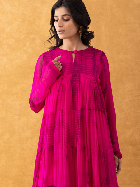 Magenta Tie-Dye Chiffon Tiered Kurta Pant Set