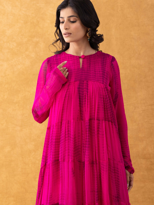 Magenta Tie-Dye Chiffon Tiered Kurta Pant Set