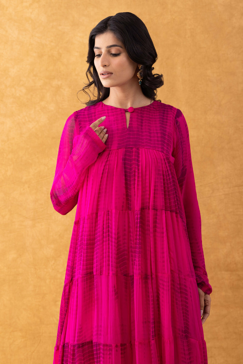 Magenta Tie-Dye Chiffon Tiered Kurta Pant Set