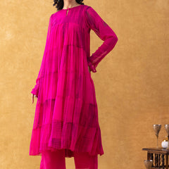 Magenta Tie-Dye Chiffon Tiered Kurta Pant Set
