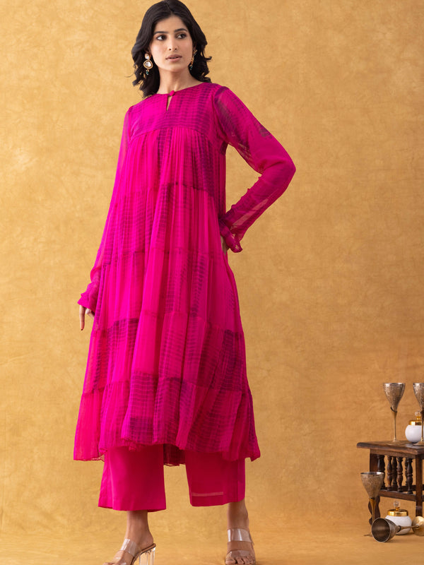 Magenta Tie-Dye Chiffon Tiered Kurta Pant Set