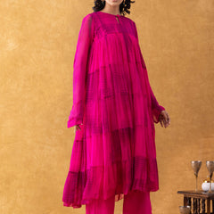 Magenta Tie-Dye Chiffon Tiered Kurta Pant Set