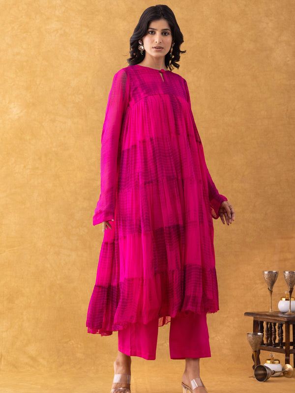 Magenta Tie-Dye Chiffon Tiered Kurta Pant Set