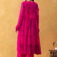Magenta Tie-Dye Chiffon Tiered Kurta Pant Set