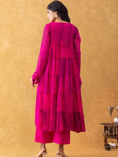 Magenta Tie-Dye Chiffon Tiered Kurta Pant Set