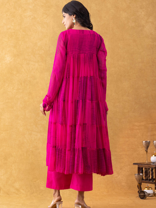 Magenta Tie-Dye Chiffon Tiered Kurta Pant Set