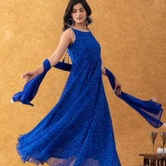 Royal Blue Bandhani Print Chiffon Anarkali Suit Set