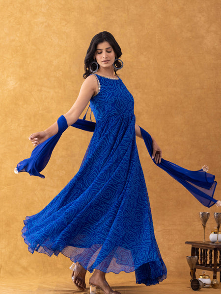 Royal Blue Bandhani Print Chiffon Anarkali Suit Set