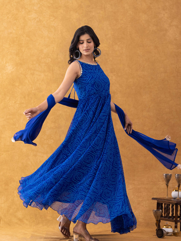 Royal Blue Bandhani Print Chiffon Anarkali Suit Set