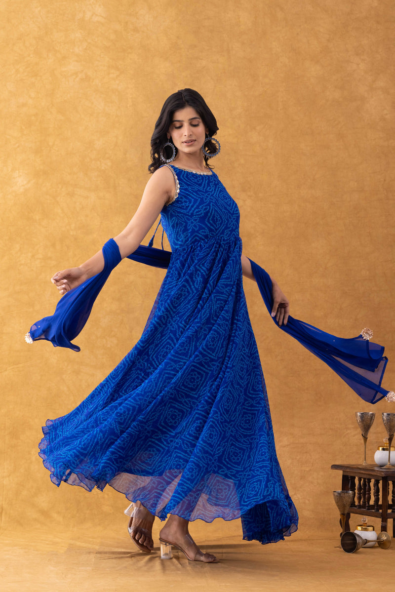 Royal Blue Bandhani Print Chiffon Anarkali Suit Set
