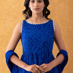 Royal Blue Bandhani Print Chiffon Anarkali Suit Set