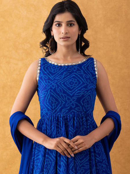 Royal Blue Bandhani Print Chiffon Anarkali Suit Set