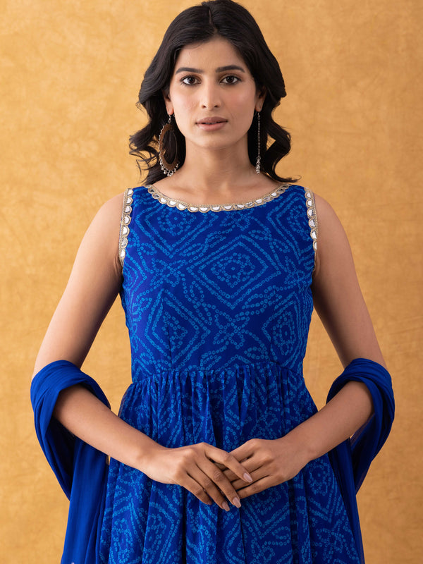 Royal Blue Bandhani Print Chiffon Anarkali Suit Set