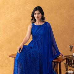 Royal Blue Bandhani Print Chiffon Anarkali Suit Set