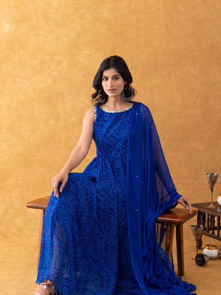 Royal Blue Bandhani Print Chiffon Anarkali Suit Set