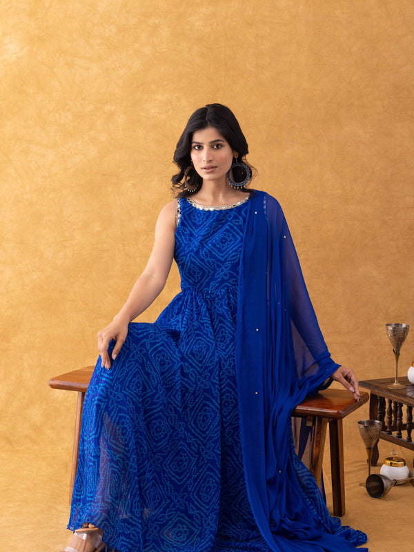 Royal Blue Bandhani Print Chiffon Anarkali Suit Set