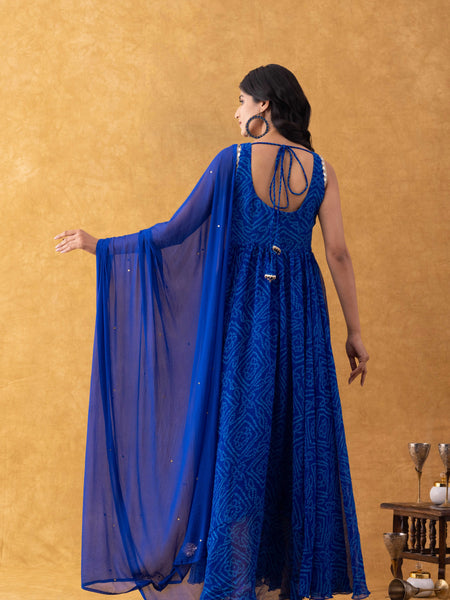 Royal Blue Bandhani Print Chiffon Anarkali Suit Set