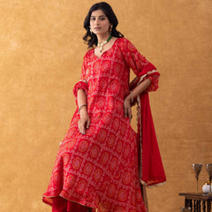 Red Bandhani Print Silk Suit Set with Salwar & Dupatta