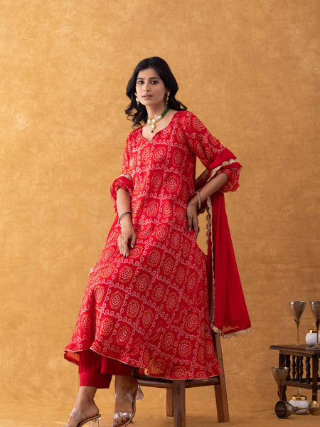 Red Bandhani Print Silk Suit Set with Salwar & Dupatta