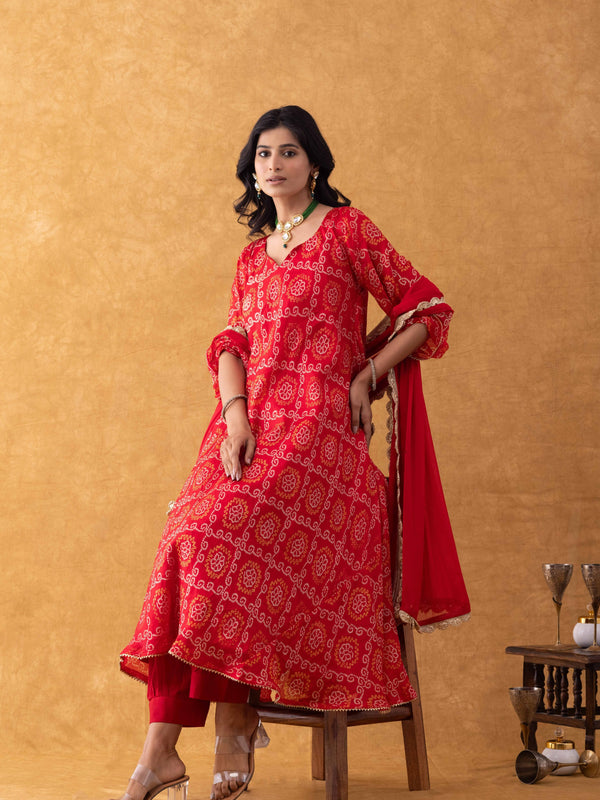 Red Bandhani Print Silk Suit Set with Salwar & Dupatta