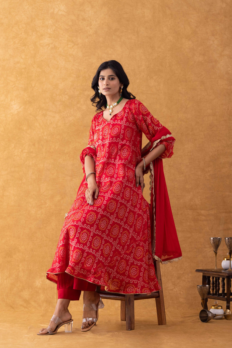 Red Bandhani Print Silk Suit Set with Salwar & Dupatta