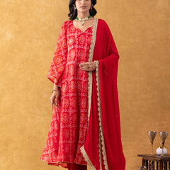 Red Bandhani Print Silk Suit Set with Salwar & Dupatta