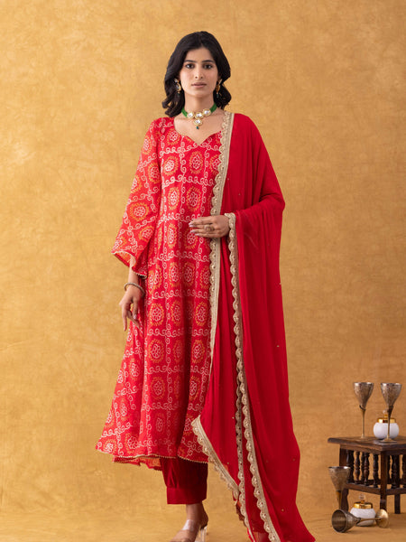 Red Bandhani Print Silk Suit Set with Salwar & Dupatta