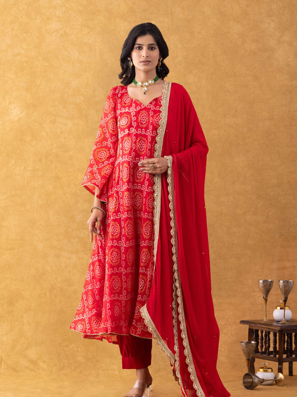Red Bandhani Print Silk Suit Set with Salwar & Dupatta