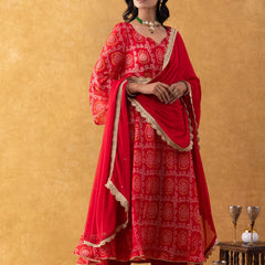 Red Bandhani Print Silk Suit Set with Salwar & Dupatta