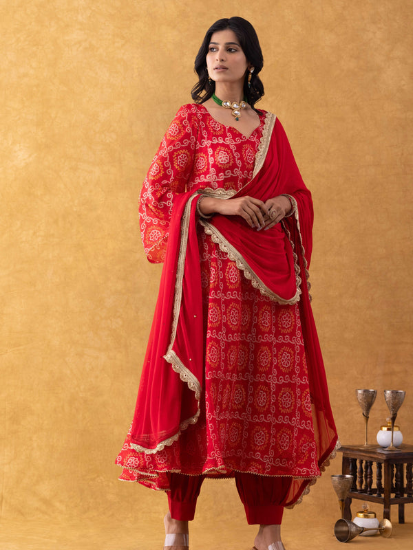 Red Bandhani Print Silk Suit Set with Salwar & Dupatta