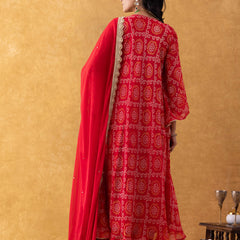 Red Bandhani Print Silk Suit Set with Salwar & Dupatta