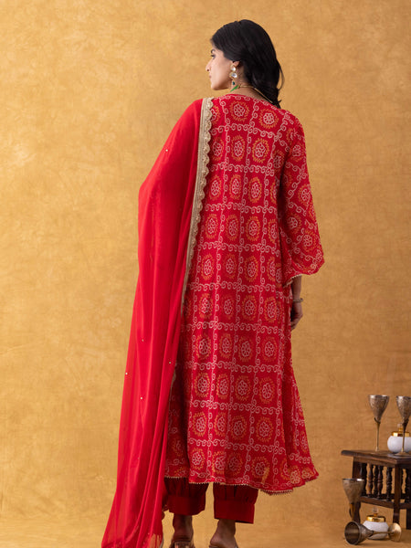 Red Bandhani Print Silk Suit Set with Salwar & Dupatta