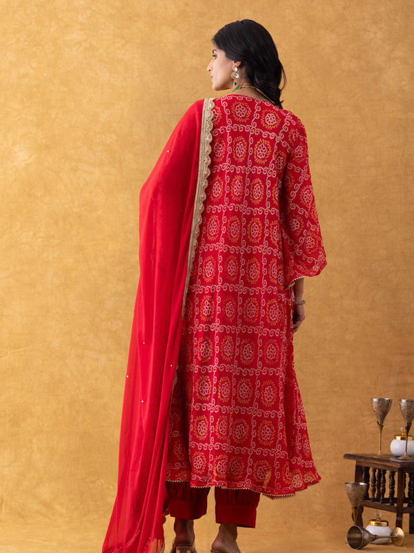 Red Bandhani Print Silk Suit Set with Salwar & Dupatta