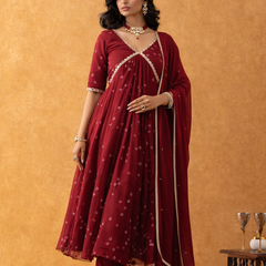 Wine Bandhani Print Chiffon Empire Suit Set with Dupatta