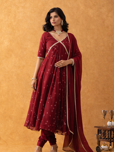 Wine Bandhani Print Chiffon Empire Suit Set with Dupatta