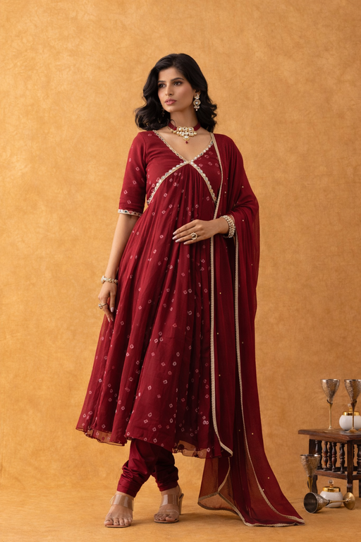Wine Bandhani Print Chiffon Empire Suit Set with Dupatta