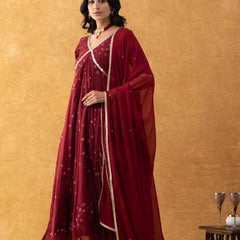 Wine Bandhani Print Chiffon Empire Suit Set with Dupatta