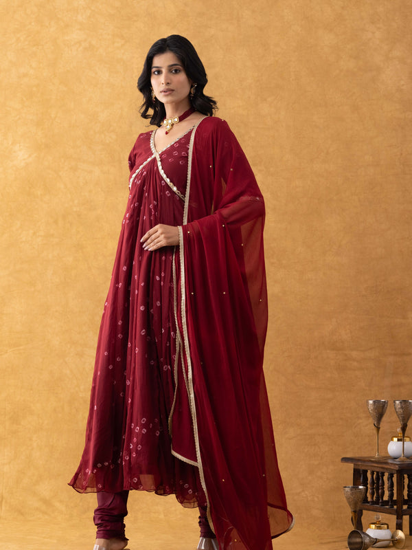 Wine Bandhani Print Chiffon Empire Suit Set with Dupatta