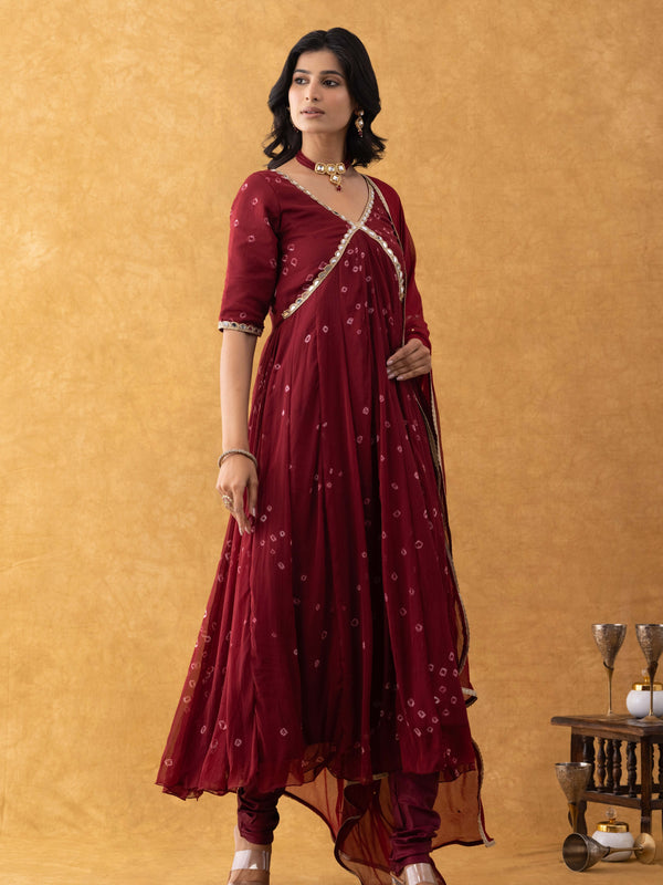 Wine Bandhani Print Chiffon Empire Suit Set with Dupatta