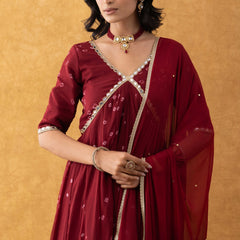 Wine Bandhani Print Chiffon Empire Suit Set with Dupatta