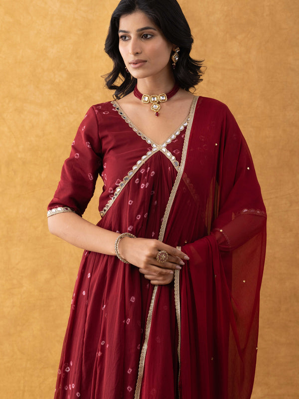 Wine Bandhani Print Chiffon Empire Suit Set with Dupatta