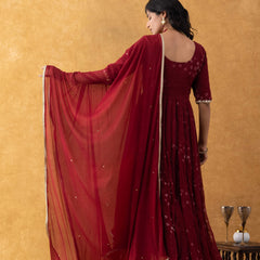 Wine Bandhani Print Chiffon Empire Suit Set with Dupatta