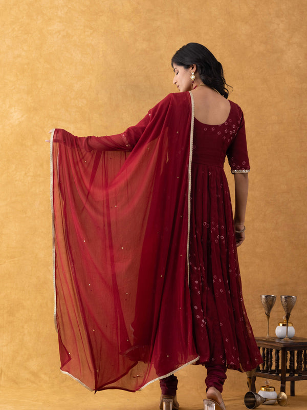 Wine Bandhani Print Chiffon Empire Suit Set with Dupatta