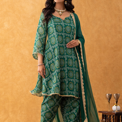 Green Bandhani Print Silk Suit Set with Salwar & Dupatta