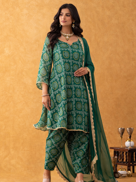 Green Bandhani Print Silk Suit Set with Salwar & Dupatta